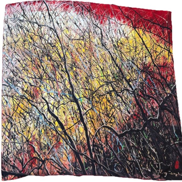 ZENG FANZHI Silk Scarf • 34" Square • Red & Black Abstract Art - Picture 1 of 5